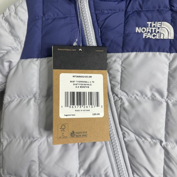 BNWT The North Face Baby ThermoBall One Piece Suit 0-3M Dusty Periwinkle Hooded - Picture 3 of 8